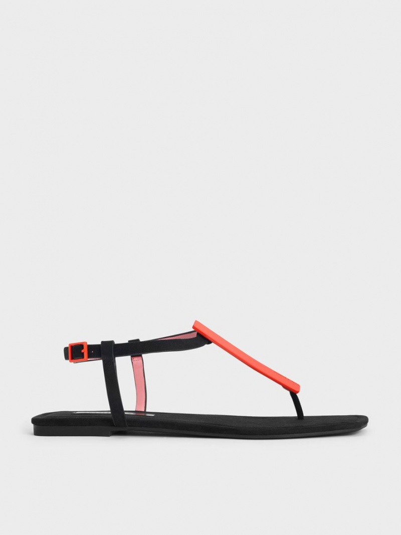 Sandale Plate Charles & Keith Textured Metallic Accent T-Bar Tanga Negrii | 970HWVTLO