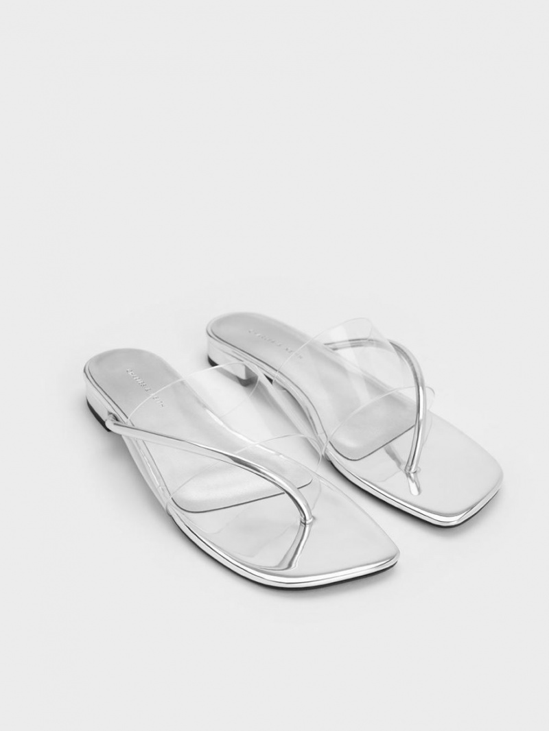 Sandale Plate Charles & Keith Transparent Tanga Argintii | 328CREDLT