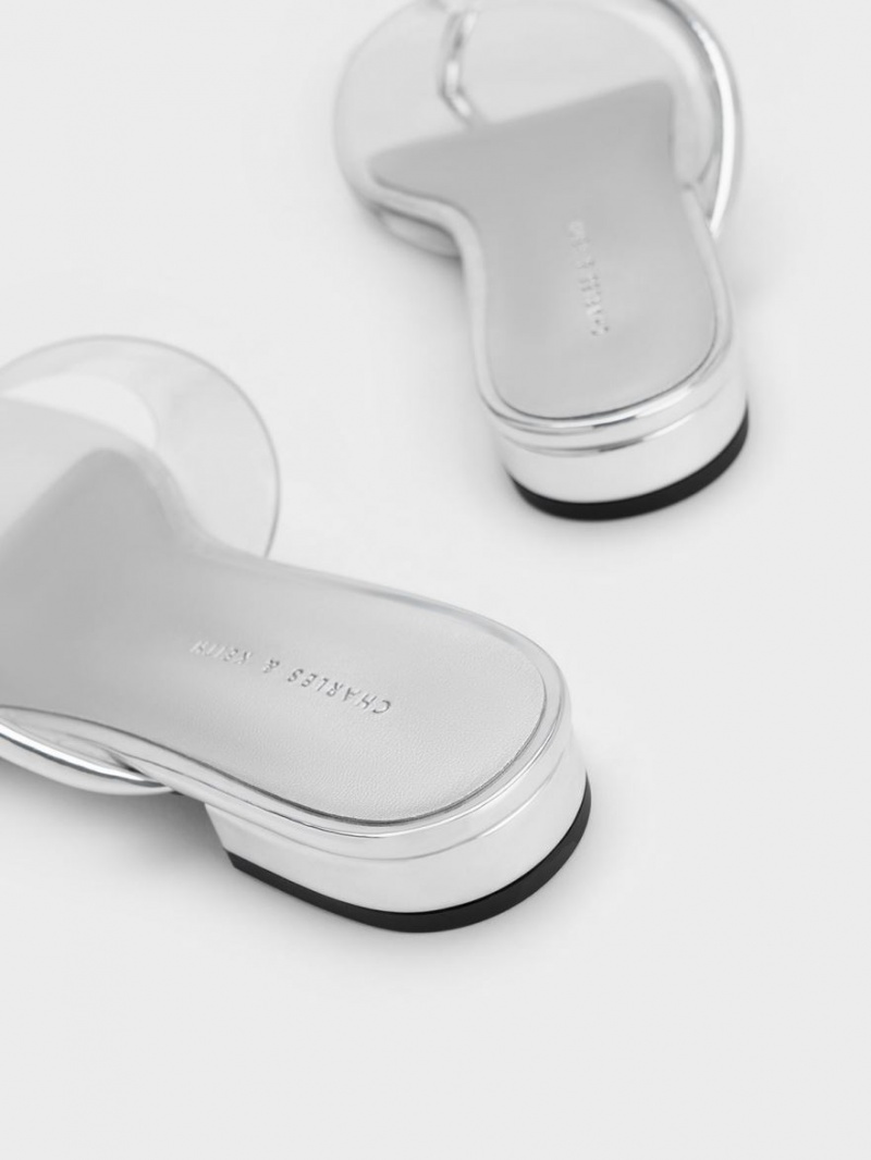 Sandale Plate Charles & Keith Transparent Tanga Argintii | 328CREDLT