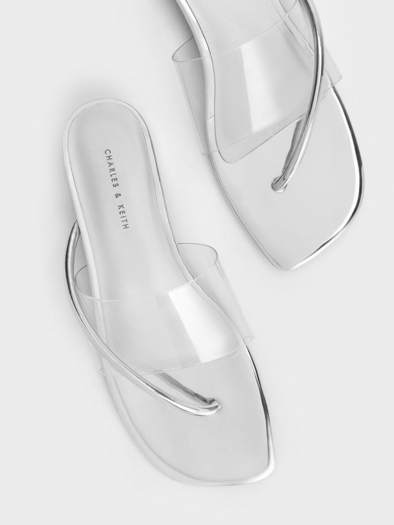 Sandale Plate Charles & Keith Transparent Tanga Argintii | 328CREDLT