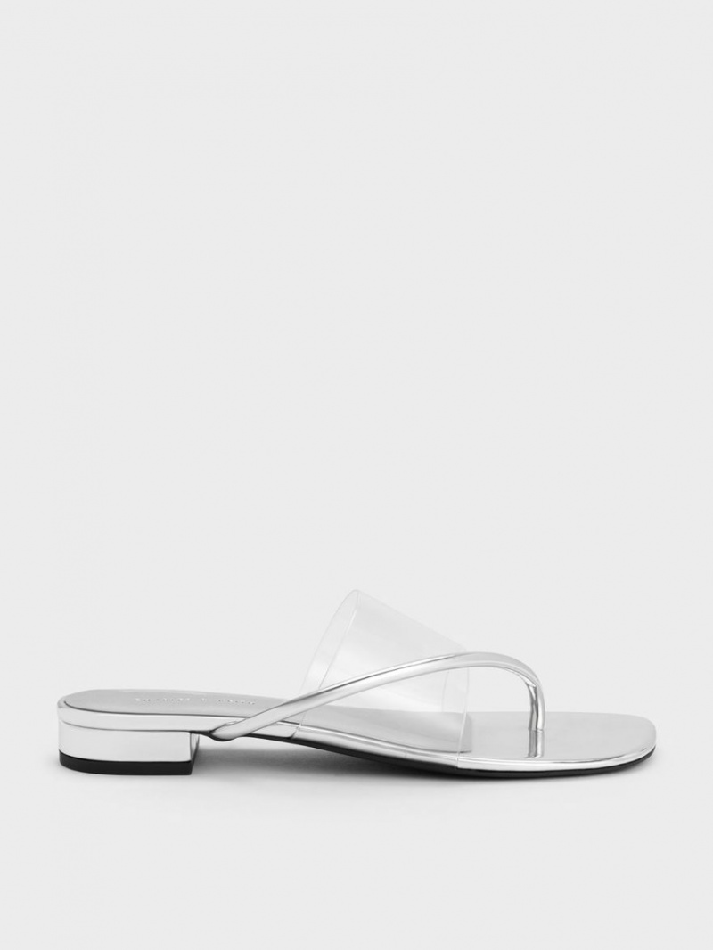 Sandale Plate Charles & Keith Transparent Tanga Argintii | 328CREDLT