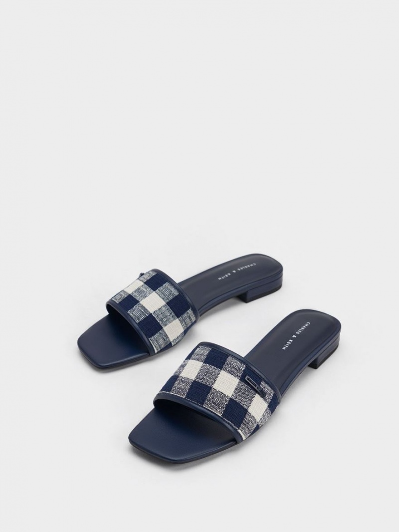 Sandale Plate Charles & Keith Woven Gingham Albastri Inchis | 397MONYIX
