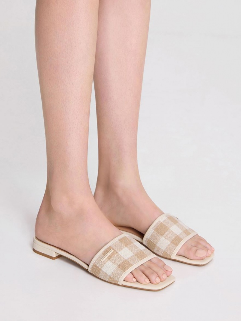 Sandale Plate Charles & Keith Woven Gingham Bej | 643SGBNPC