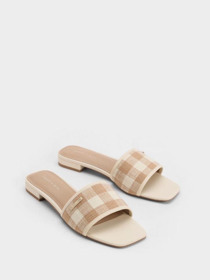 Sandale Plate Charles & Keith Woven Gingham Bej | 643SGBNPC