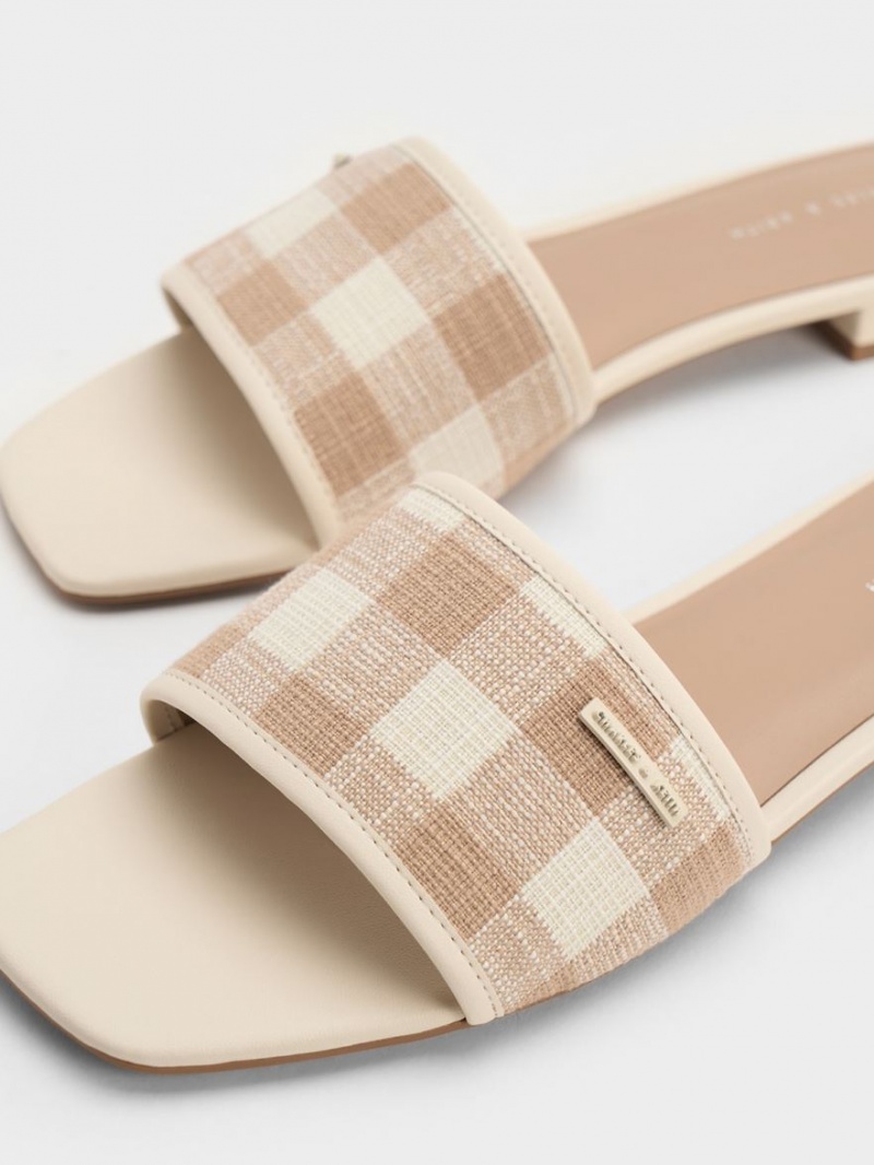 Sandale Plate Charles & Keith Woven Gingham Bej | 643SGBNPC