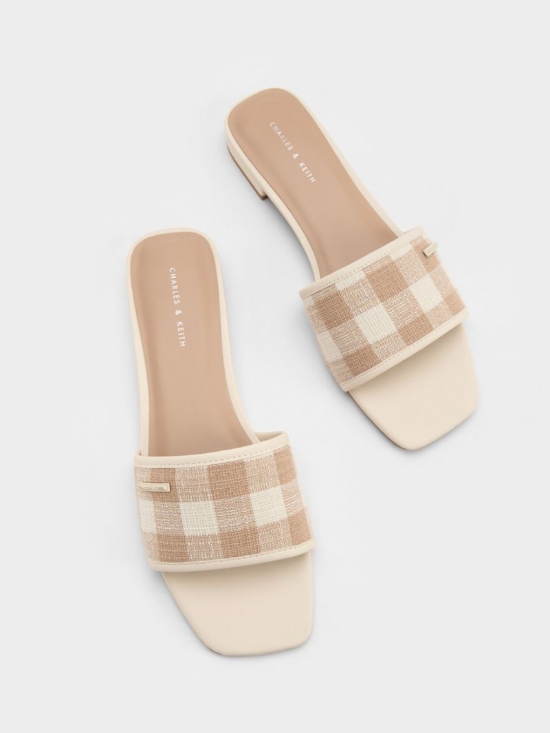 Sandale Plate Charles & Keith Woven Gingham Bej | 643SGBNPC