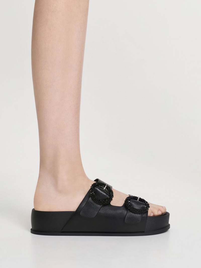 Sandale Slide Charles & Keith Beaded Circle Negrii | 786DYIGMT
