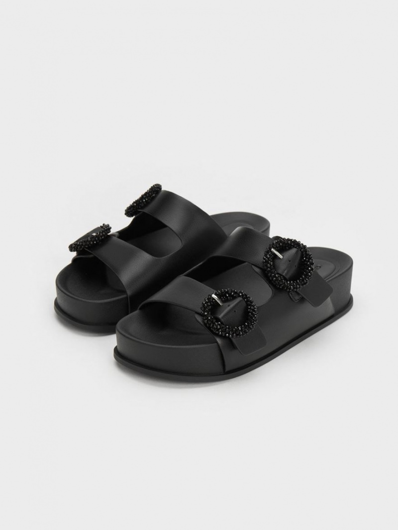 Sandale Slide Charles & Keith Beaded Circle Negrii | 786DYIGMT