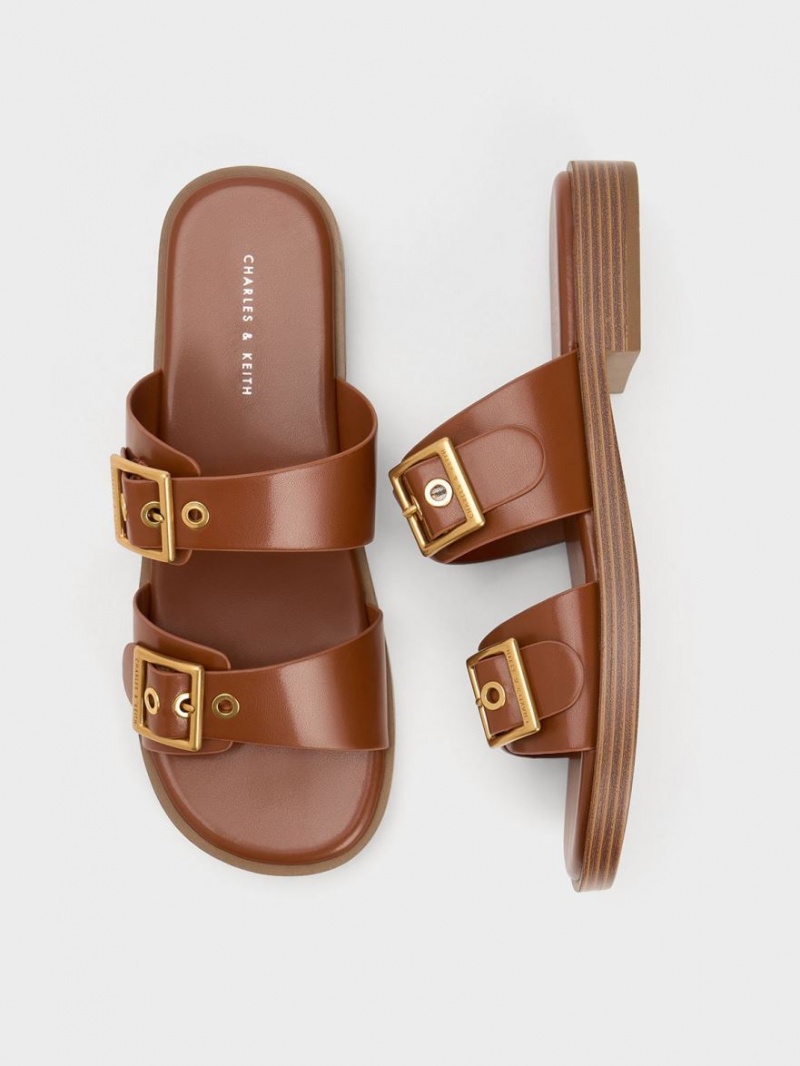 Sandale Slide Charles & Keith Buckled Double Curea Maro | 628DCXGMS