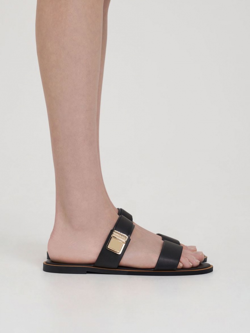 Sandale Slide Charles & Keith Dove Metallic Cu Catarama Negrii | 918GCDOHS