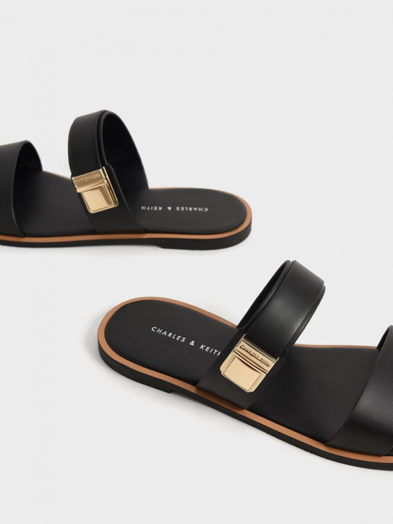 Sandale Slide Charles & Keith Dove Metallic Cu Catarama Negrii | 918GCDOHS