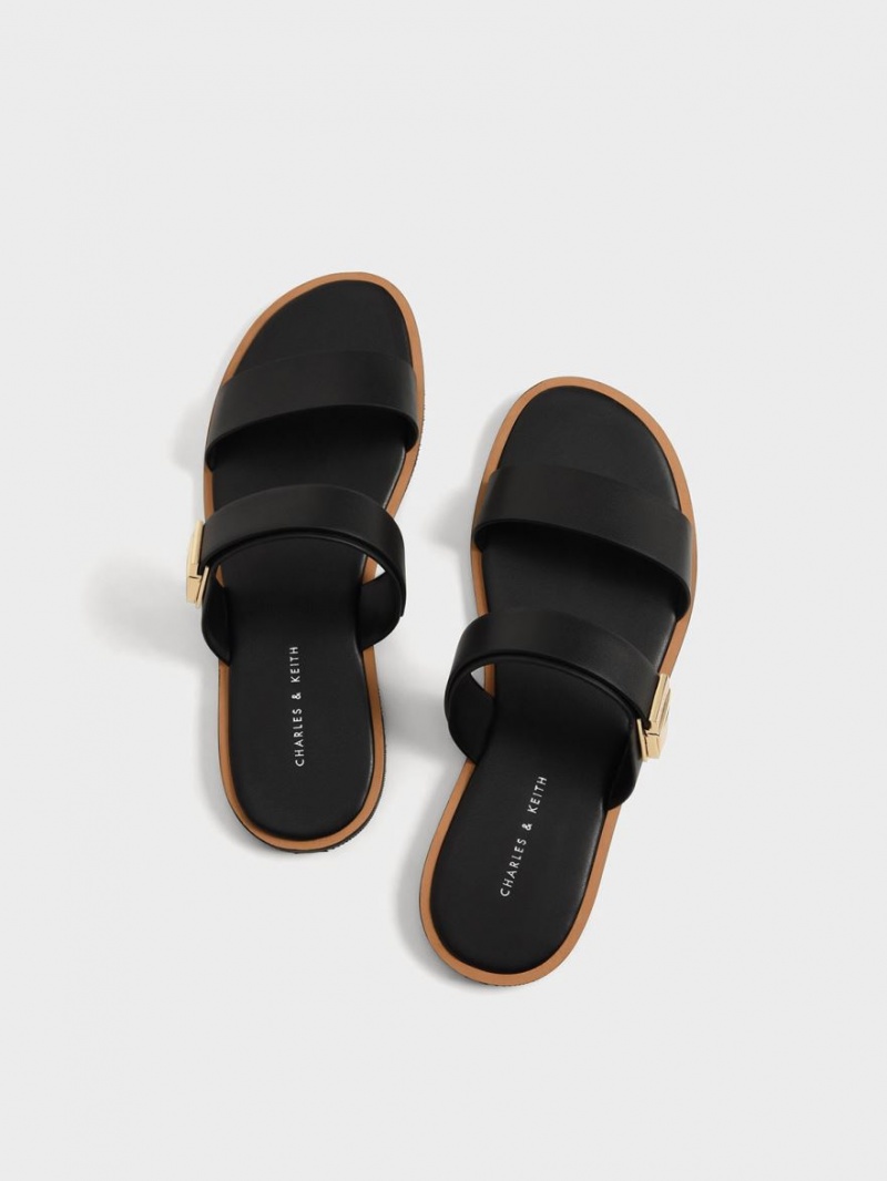 Sandale Slide Charles & Keith Dove Metallic Cu Catarama Negrii | 918GCDOHS