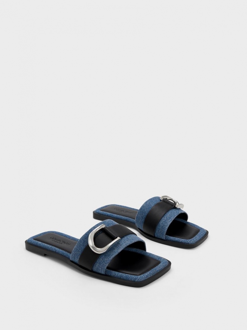 Sandale Slide Charles & Keith Gabine Piele & Denim Albastri | 965UCIBZY