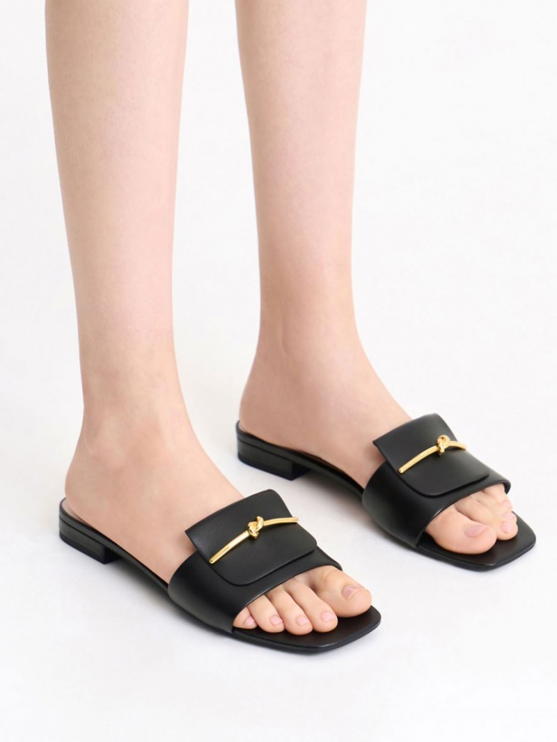 Sandale Slide Charles & Keith Knotted Accent Negrii | 637ZLOQBX