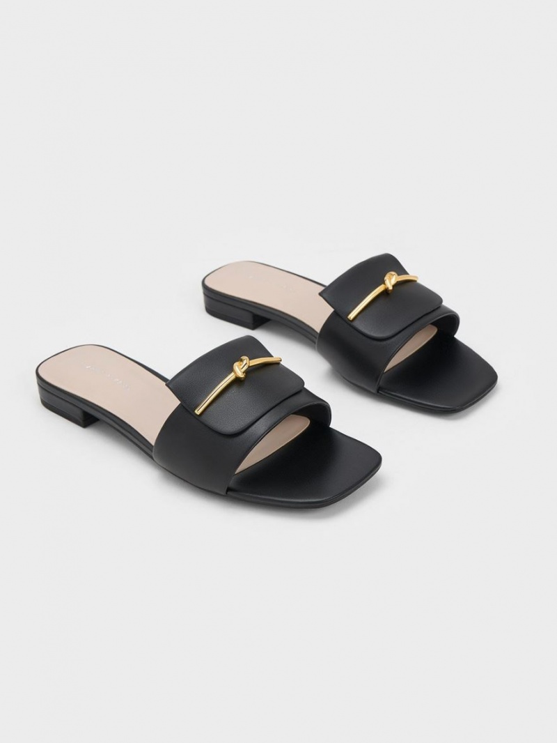 Sandale Slide Charles & Keith Knotted Accent Negrii | 637ZLOQBX