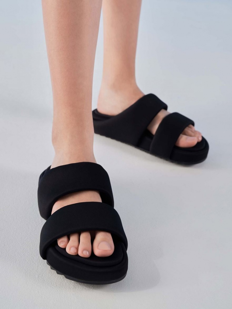 Sandale Slide Charles & Keith Recycled Polyester Căptușită Negrii | 095KSMPOL