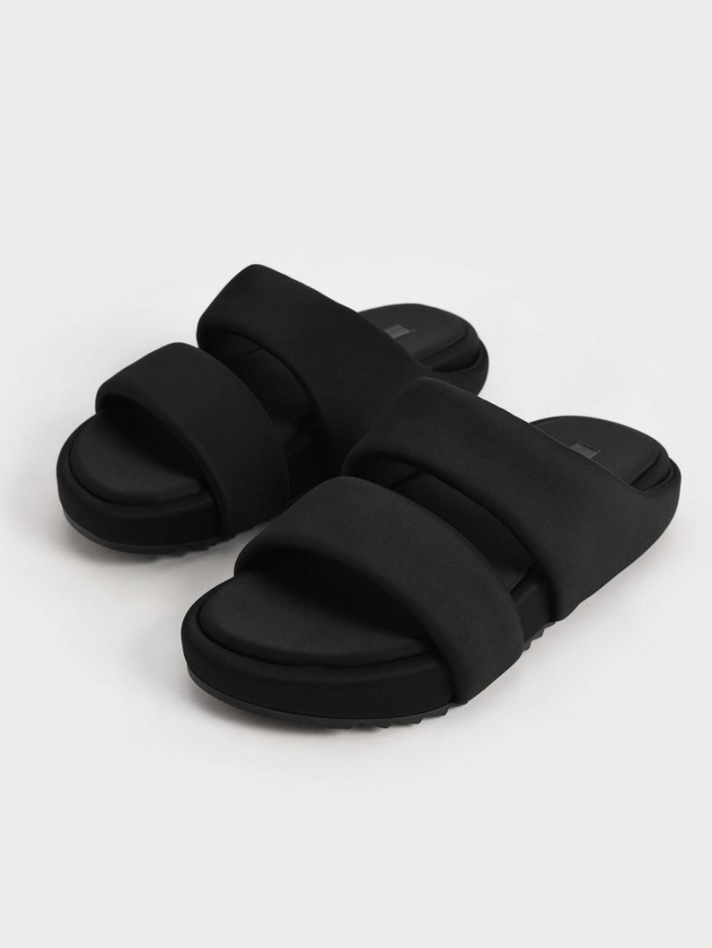 Sandale Slide Charles & Keith Recycled Polyester Căptușită Negrii | 095KSMPOL