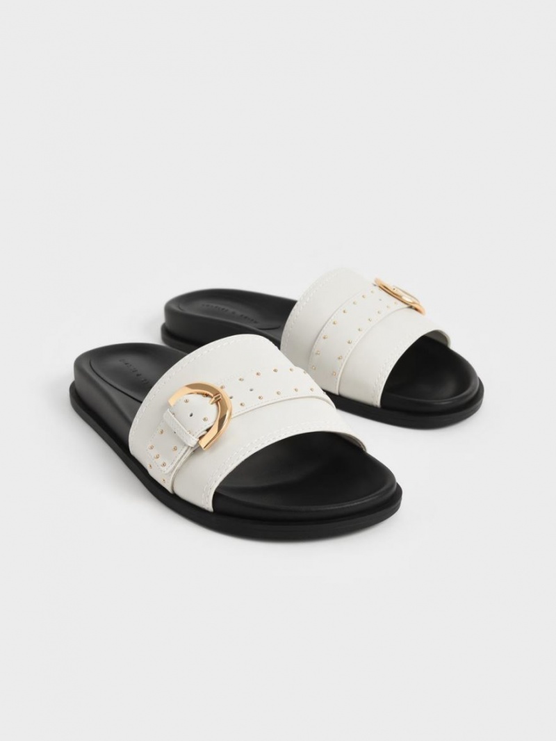 Sandale Slide Charles & Keith Studded Cu Catarama Albi | 043GVHDAP