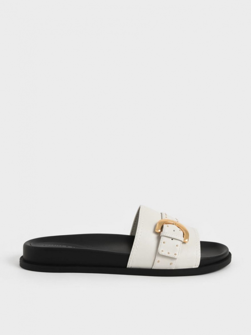 Sandale Slide Charles & Keith Studded Cu Catarama Albi | 043GVHDAP