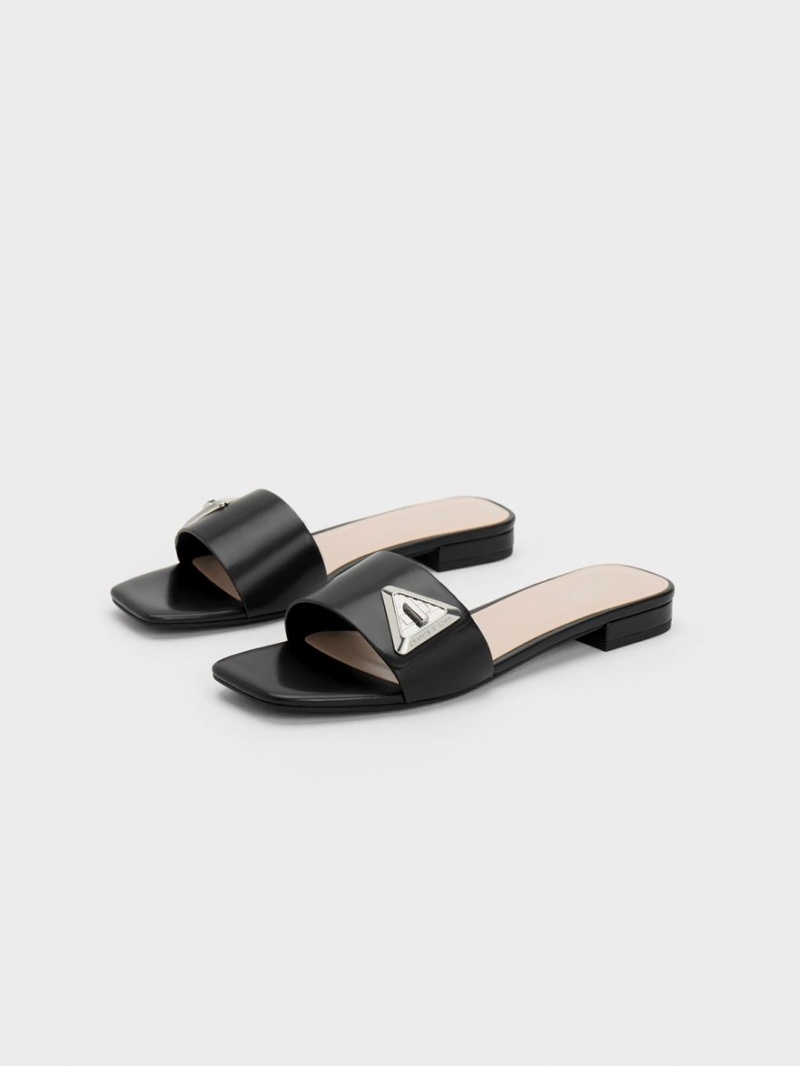 Sandale Slide Charles & Keith Trice Metallic Accent Negrii | 435IESLFT