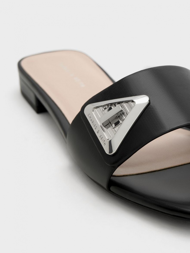 Sandale Slide Charles & Keith Trice Metallic Accent Negrii | 435IESLFT