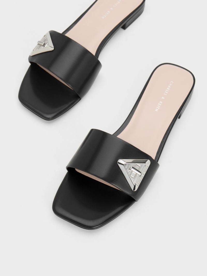 Sandale Slide Charles & Keith Trice Metallic Accent Negrii | 435IESLFT