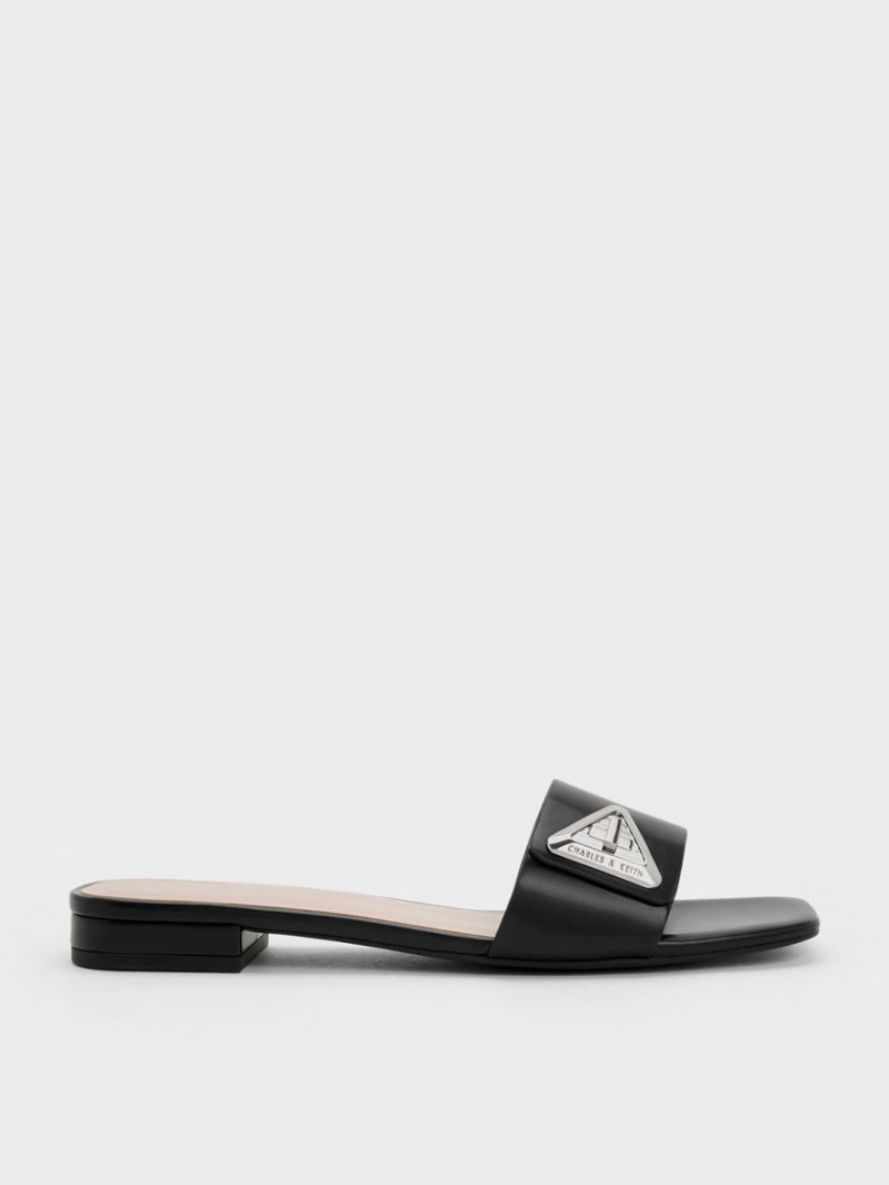 Sandale Slide Charles & Keith Trice Metallic Accent Negrii | 435IESLFT