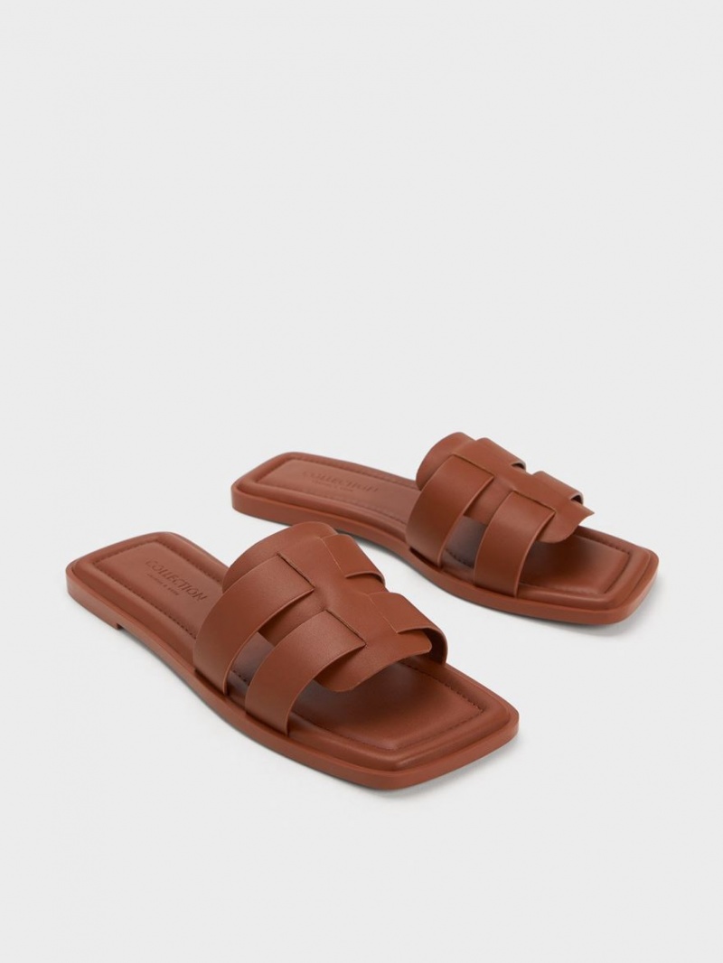 Sandale Slide Charles & Keith Trichelle Interwoven Piele Maro Inchis | 456NCOJGZ