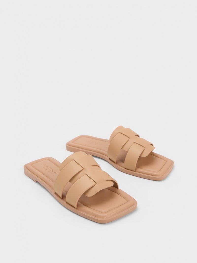 Sandale Slide Charles & Keith Trichelle Interwoven Piele Bej | 351DWQEAG