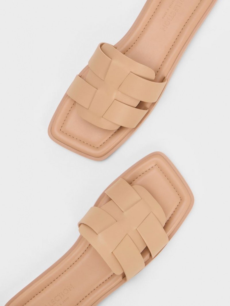 Sandale Slide Charles & Keith Trichelle Interwoven Piele Bej | 351DWQEAG