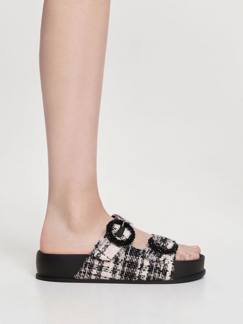 Sandale Slide Charles & Keith Tweed Beaded Circle Negrii | 051IYSWER