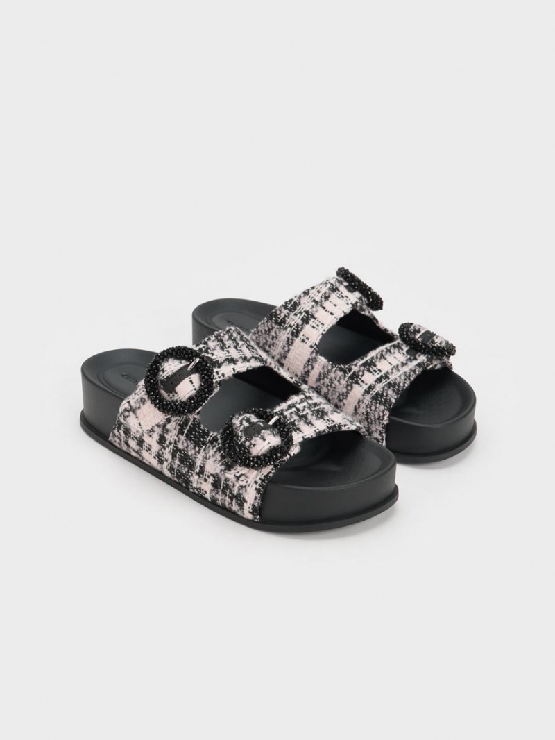 Sandale Slide Charles & Keith Tweed Beaded Circle Negrii | 051IYSWER