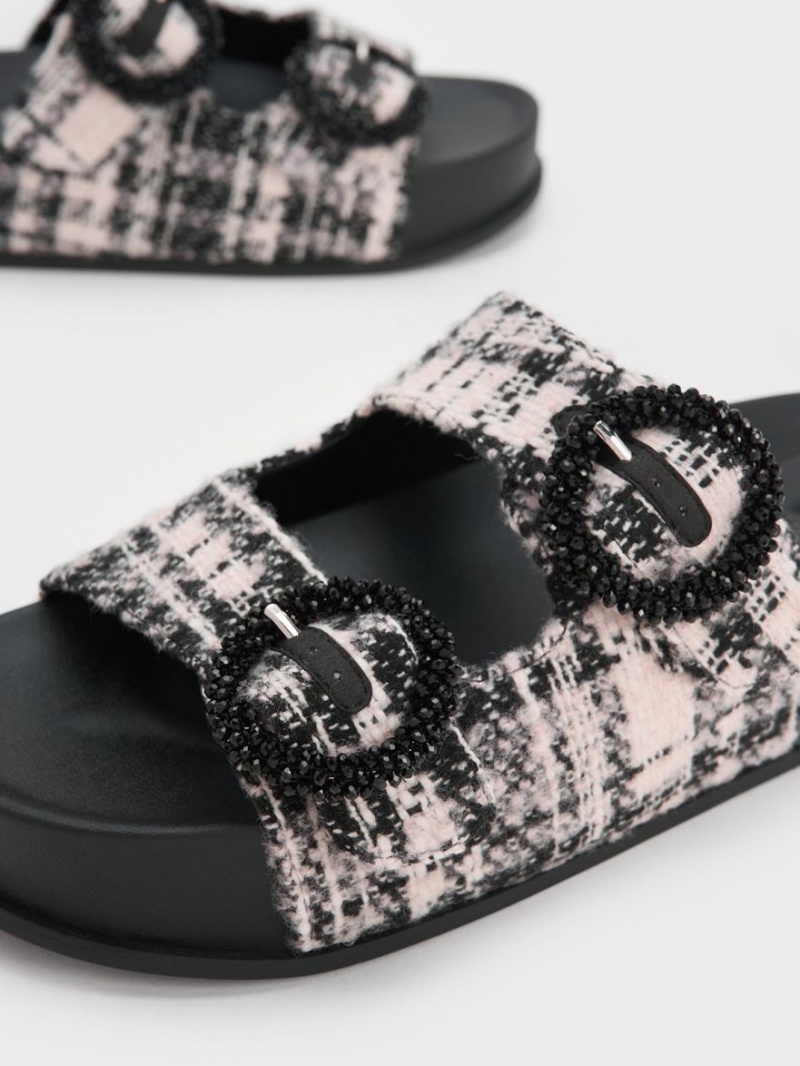 Sandale Slide Charles & Keith Tweed Beaded Circle Negrii | 051IYSWER