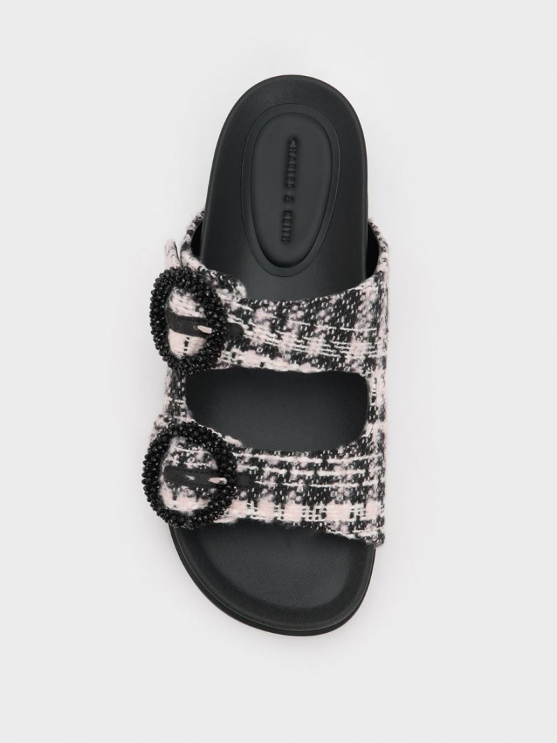 Sandale Slide Charles & Keith Tweed Beaded Circle Negrii | 051IYSWER