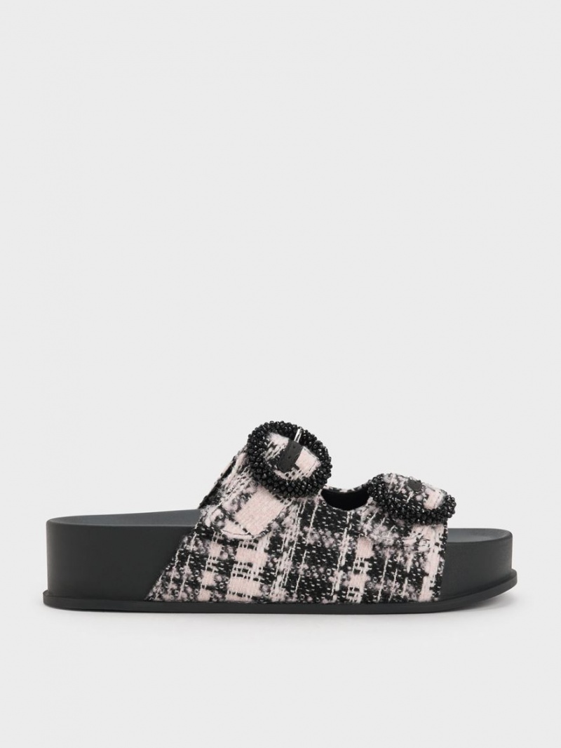 Sandale Slide Charles & Keith Tweed Beaded Circle Negrii | 051IYSWER