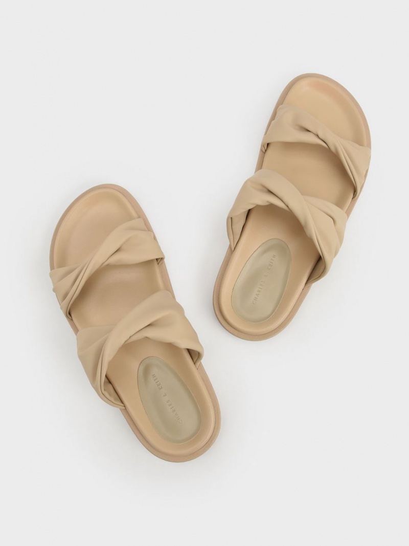 Sandale Slide Charles & Keith Twist Curea Căptușită Bej | 039IQWUCM
