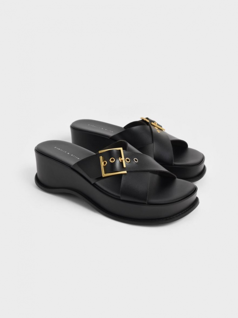Sandale cu Platforma Charles & Keith Buckled Crossover Negrii | 192QFYLSD