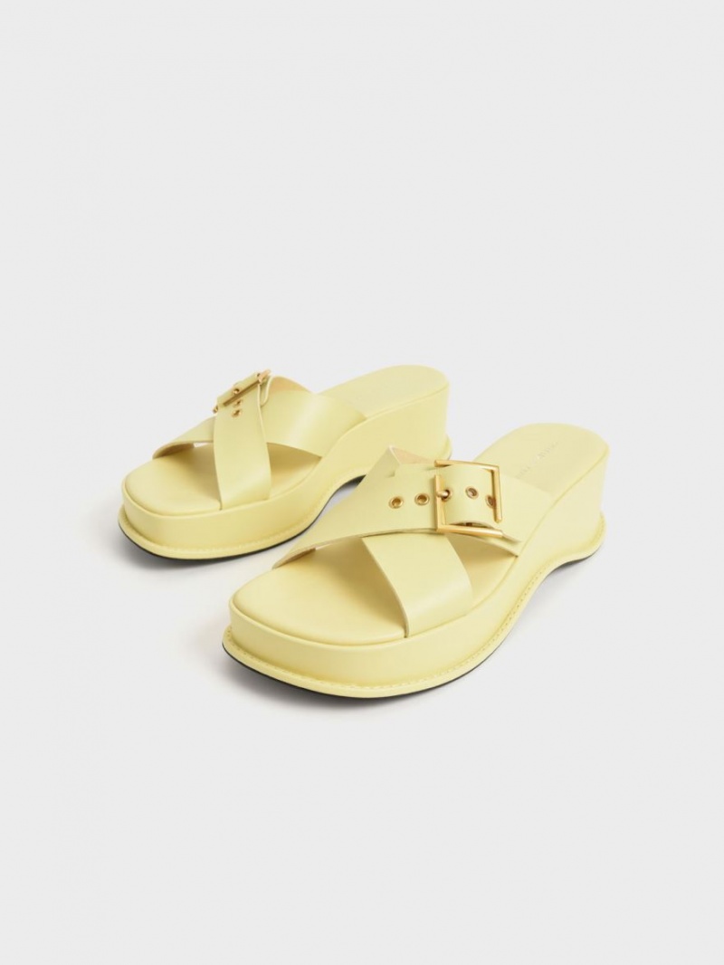 Sandale cu Platforma Charles & Keith Buckled Crossover Galbeni | 701GKDQRZ