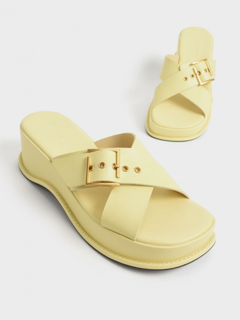 Sandale cu Platforma Charles & Keith Buckled Crossover Galbeni | 701GKDQRZ