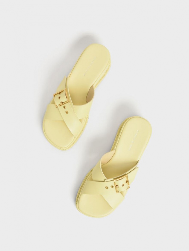 Sandale cu Platforma Charles & Keith Buckled Crossover Galbeni | 701GKDQRZ