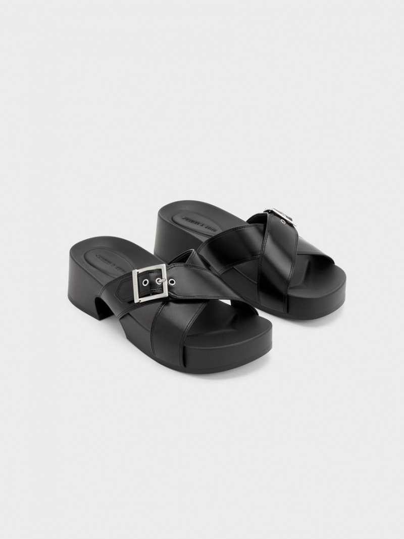 Sandale cu Platforma Charles & Keith Buckled Crossover Negrii | 832QWUJAC
