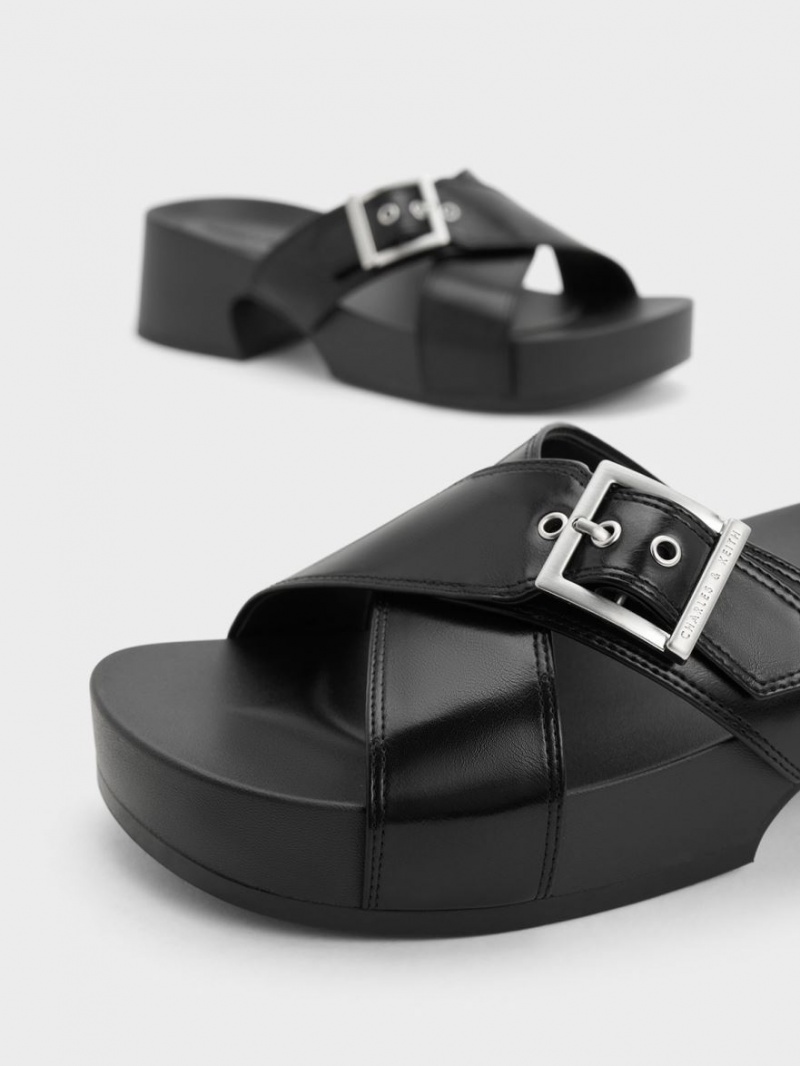 Sandale cu Platforma Charles & Keith Buckled Crossover Negrii | 832QWUJAC