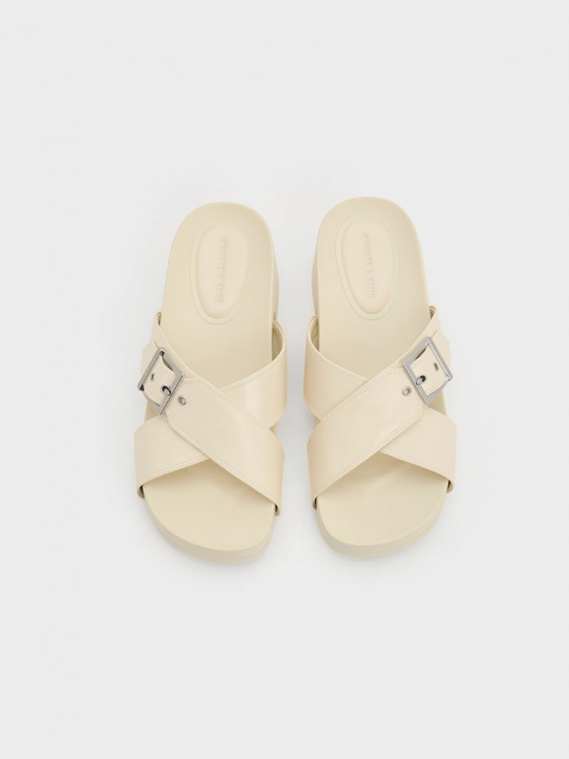 Sandale cu Platforma Charles & Keith Buckled Crossover Albi | 739HSGKQL