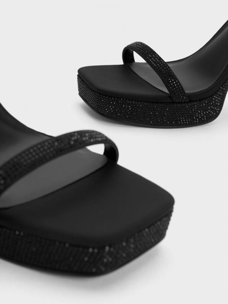 Sandale cu Platforma Charles & Keith Crystal Ankle-Curea Negrii | 928TIMYZR