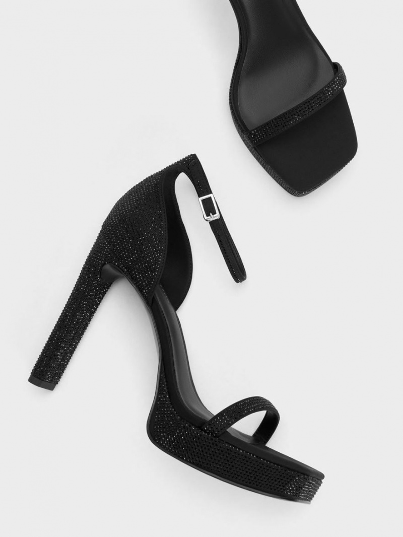Sandale cu Platforma Charles & Keith Crystal Ankle-Curea Negrii | 928TIMYZR