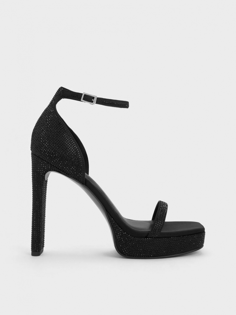 Sandale cu Platforma Charles & Keith Crystal Ankle-Curea Negrii | 928TIMYZR