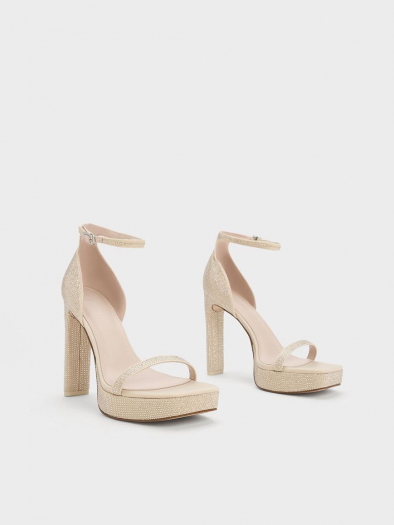 Sandale cu Platforma Charles & Keith Crystal Ankle-Curea Bej | 578SJRUFA