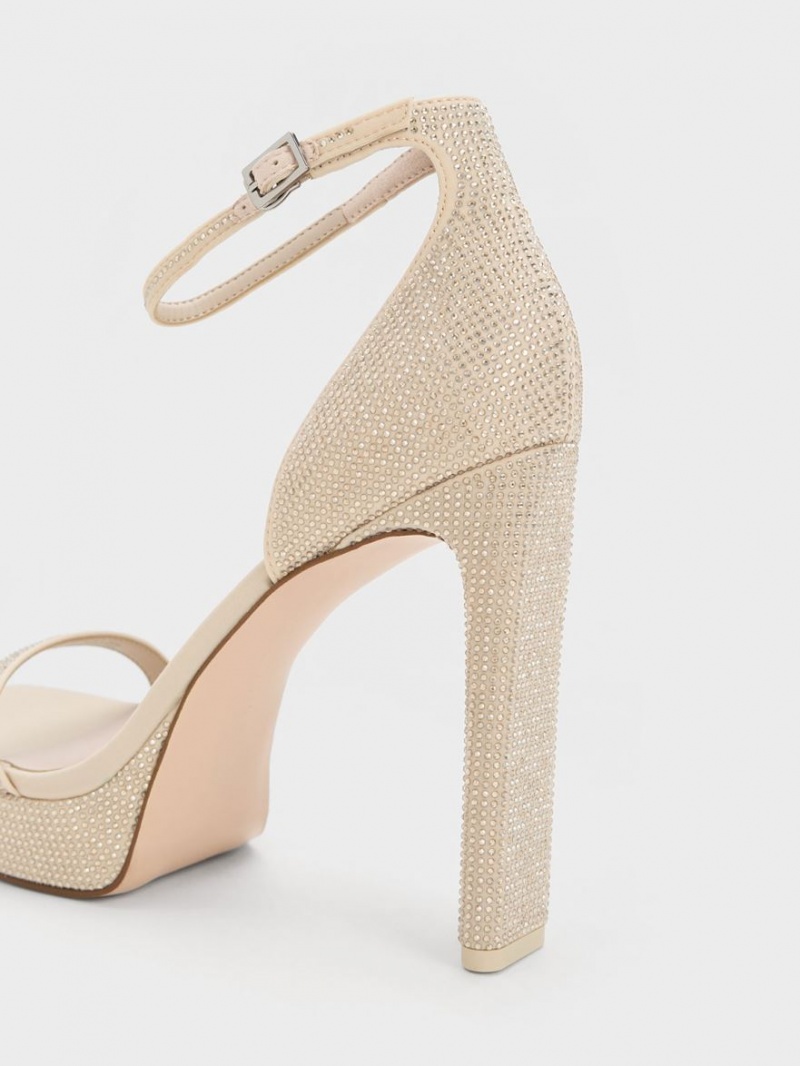 Sandale cu Platforma Charles & Keith Crystal Ankle-Curea Bej | 578SJRUFA