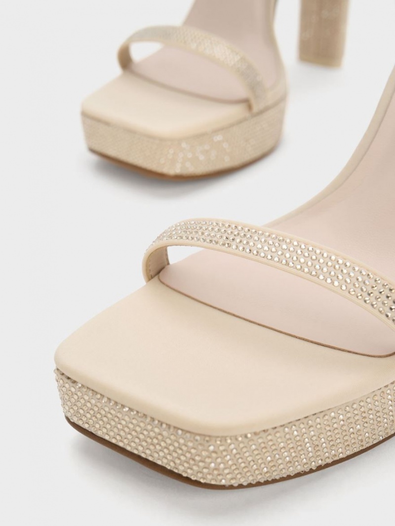 Sandale cu Platforma Charles & Keith Crystal Ankle-Curea Bej | 578SJRUFA