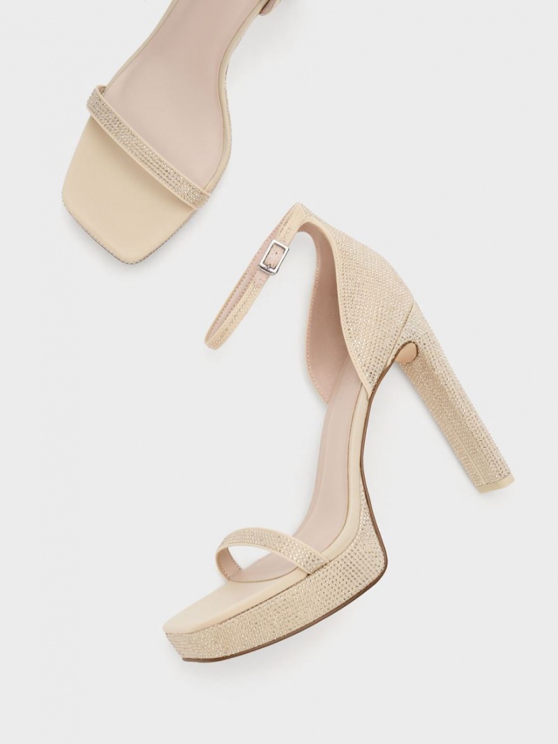 Sandale cu Platforma Charles & Keith Crystal Ankle-Curea Bej | 578SJRUFA